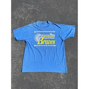 Vintage 80s Fruit of the Loom BEST Bradford Braves Tee XL Blue Single Stitch USA